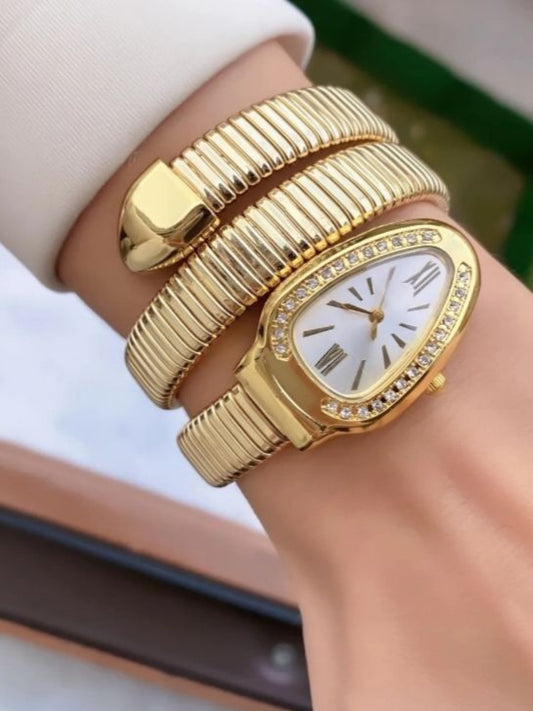 Spiral Serpenti Gold Watch-Style Bracelet with CZ Stones