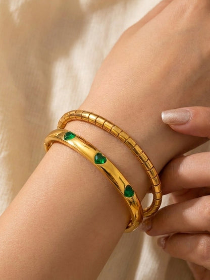 Coil Bangle & Green Heart Cuff Bracelet Combo, 18K Gold-Plated