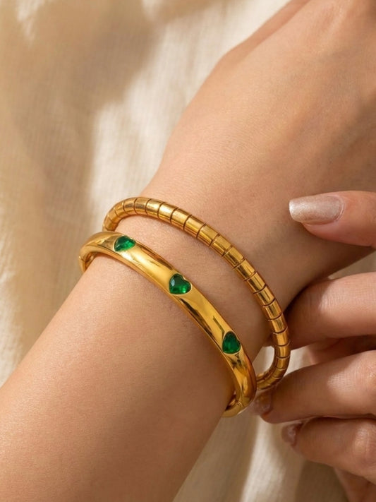 Coil Bangle & Green Heart Cuff Bracelet Combo, 18K Gold-Plated