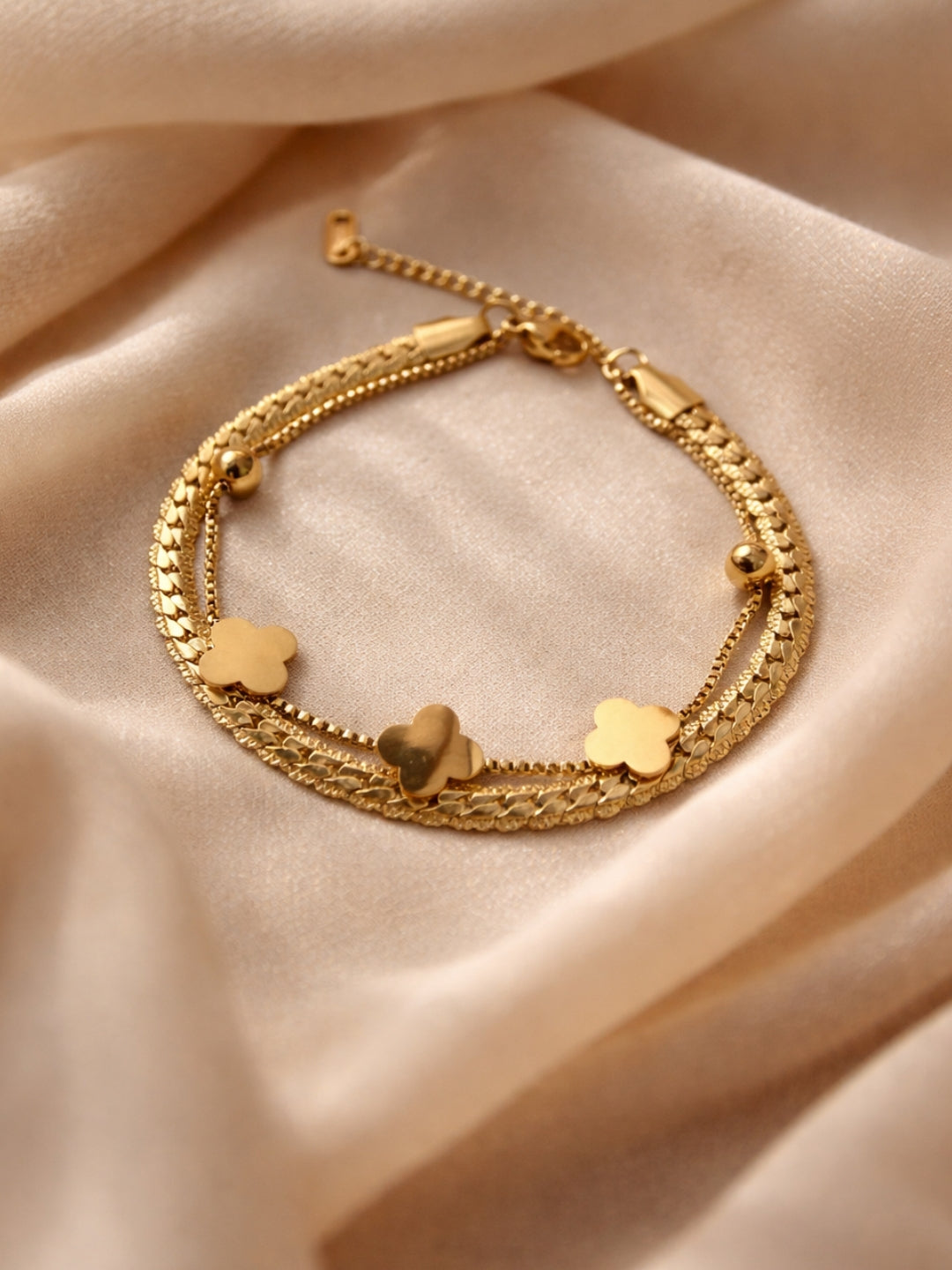 Clover Double Layer Cuban Chain Bracelet – 18K Gold Plated