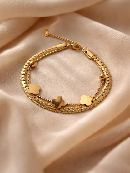 Clover Double Layer Cuban Chain Bracelet – 18K Gold Plated