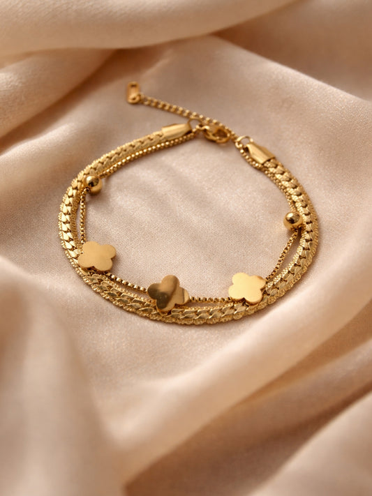 Clover Double Layer Cuban Chain Bracelet – 18K Gold Plated