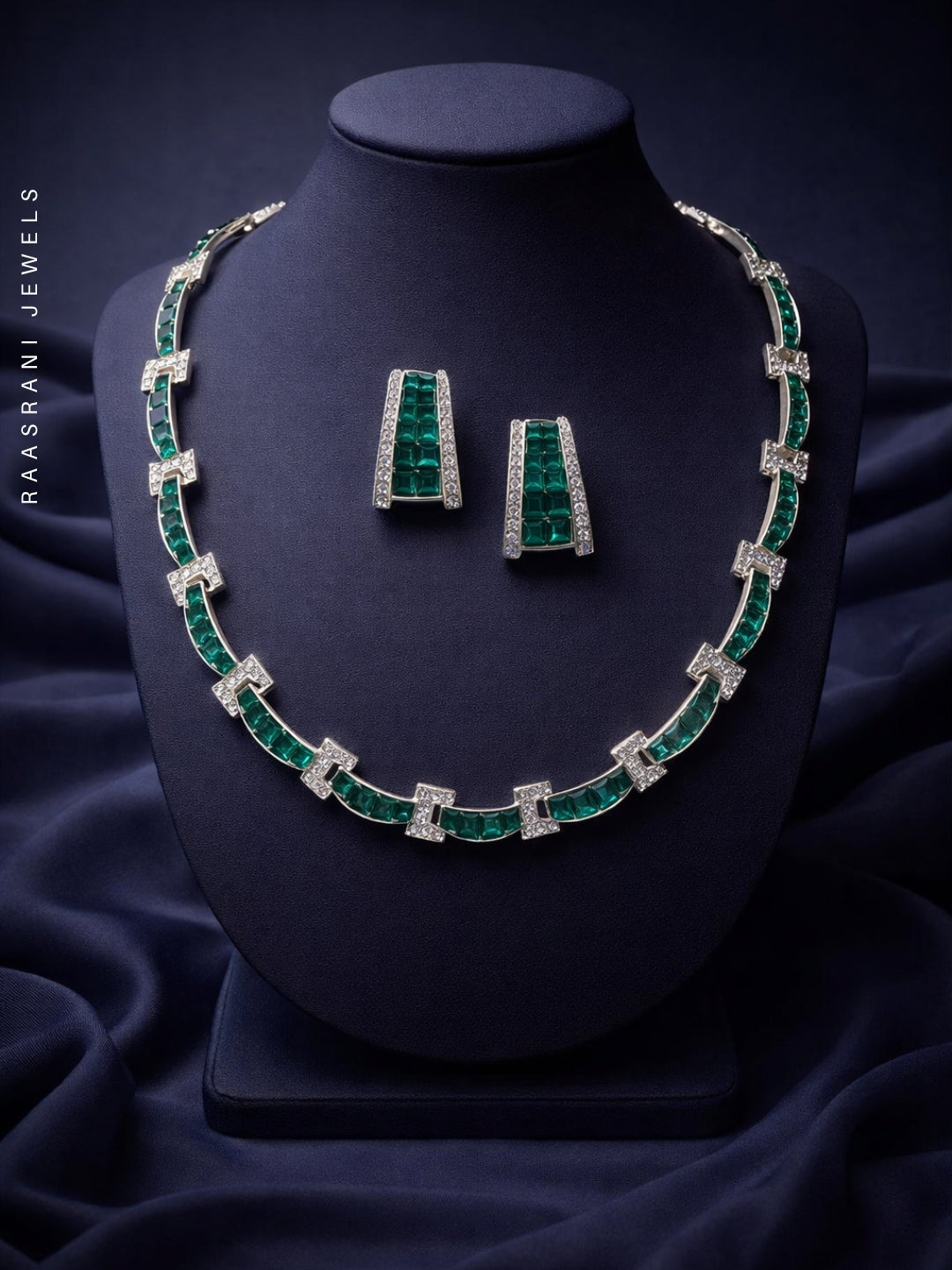 Emerald CZ Rhodium Necklace Set | Luxe Partywear Jewelry