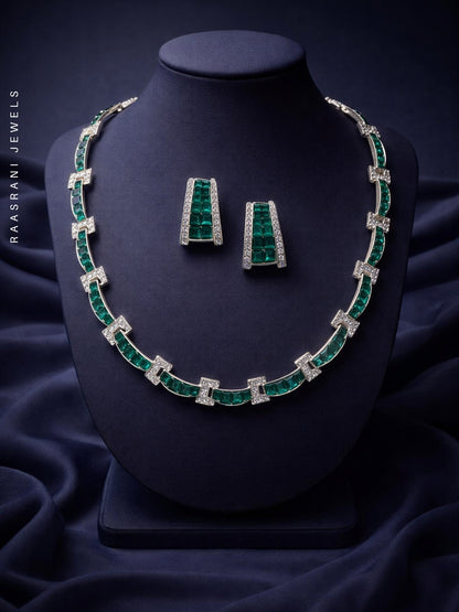 Emerald CZ Rhodium Necklace Set | Luxe Partywear Jewelry