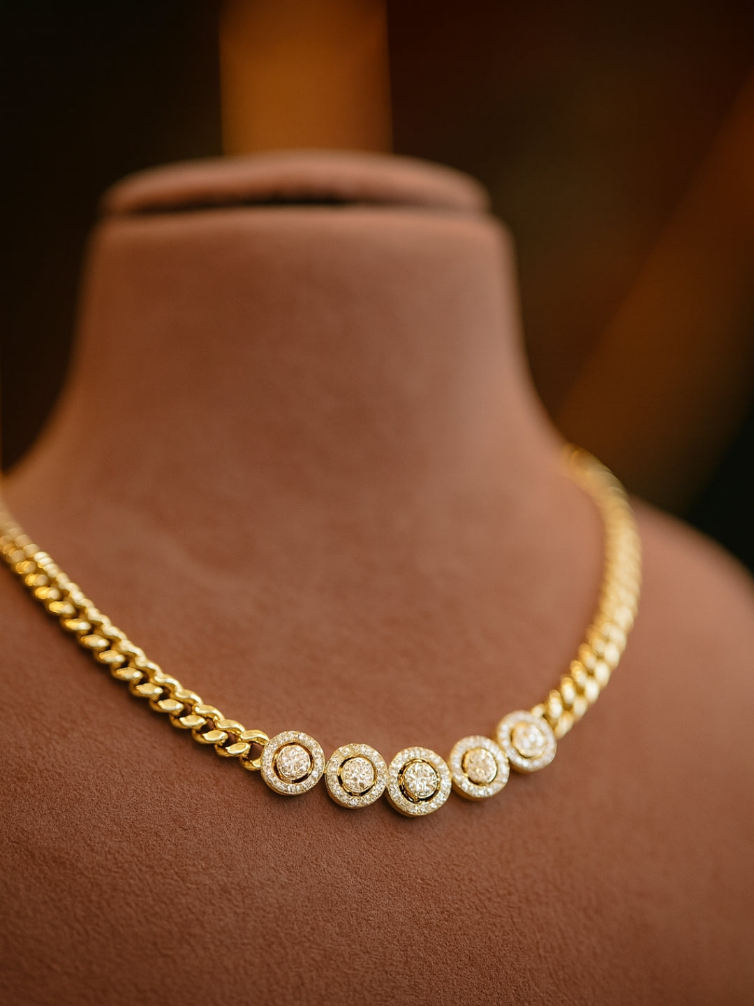 18K Gold Circular CZ Studded Cuban Chain Necklace | Anti-Tarnish