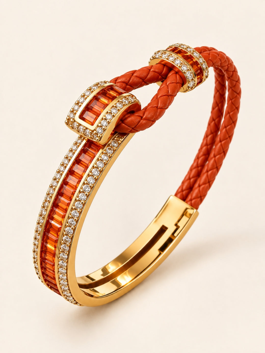 Rust Studded Leather Band Cuff - 18KT Gold Plated