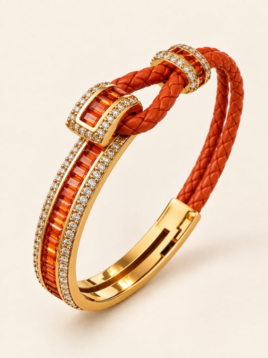 Rust Studded Leather Band Cuff - 18KT Gold Plated