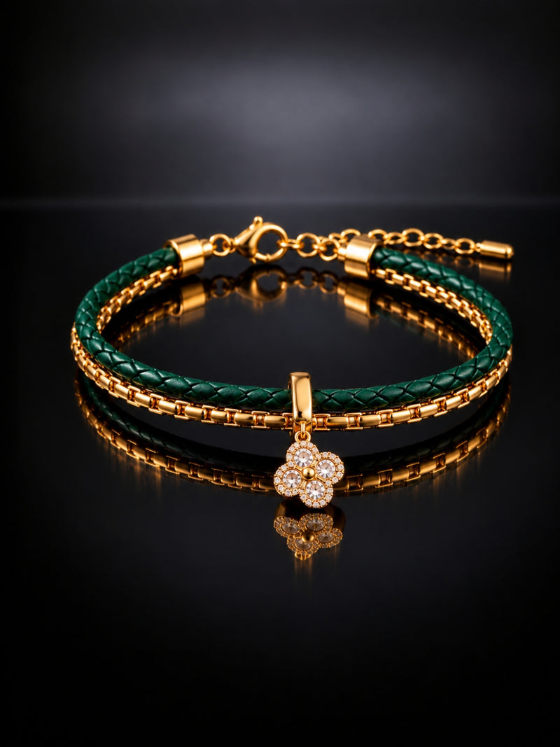 Emerald Braided Double line Clover Band Cuff-18KT Gold Plated