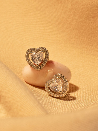 Silver Heart Stud Earrings – Rhodium Plated, Anti-Tarnish, Hypoallergenic, Premium AD Stones (Stainless Steel)