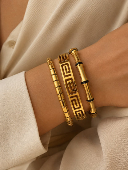 The Meander Trio | Set of 3 Stacking Bangles – Greek Key, Bamboo & Ridged Cuffs