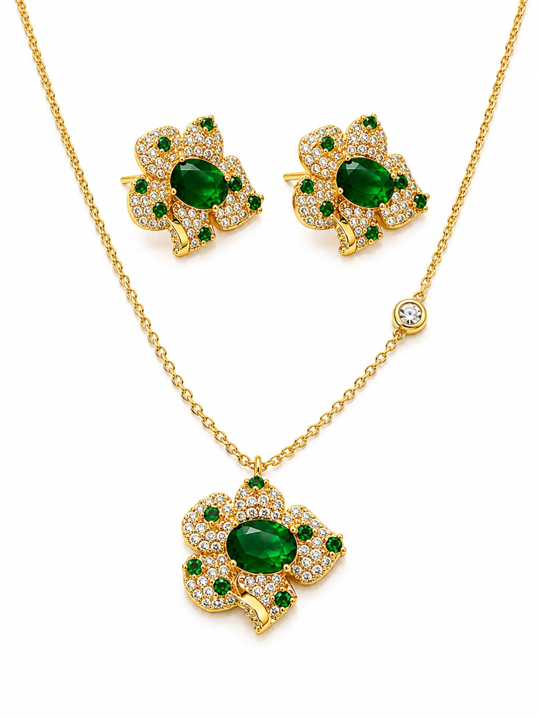 Emerald Clover Necklace & Earrings Set