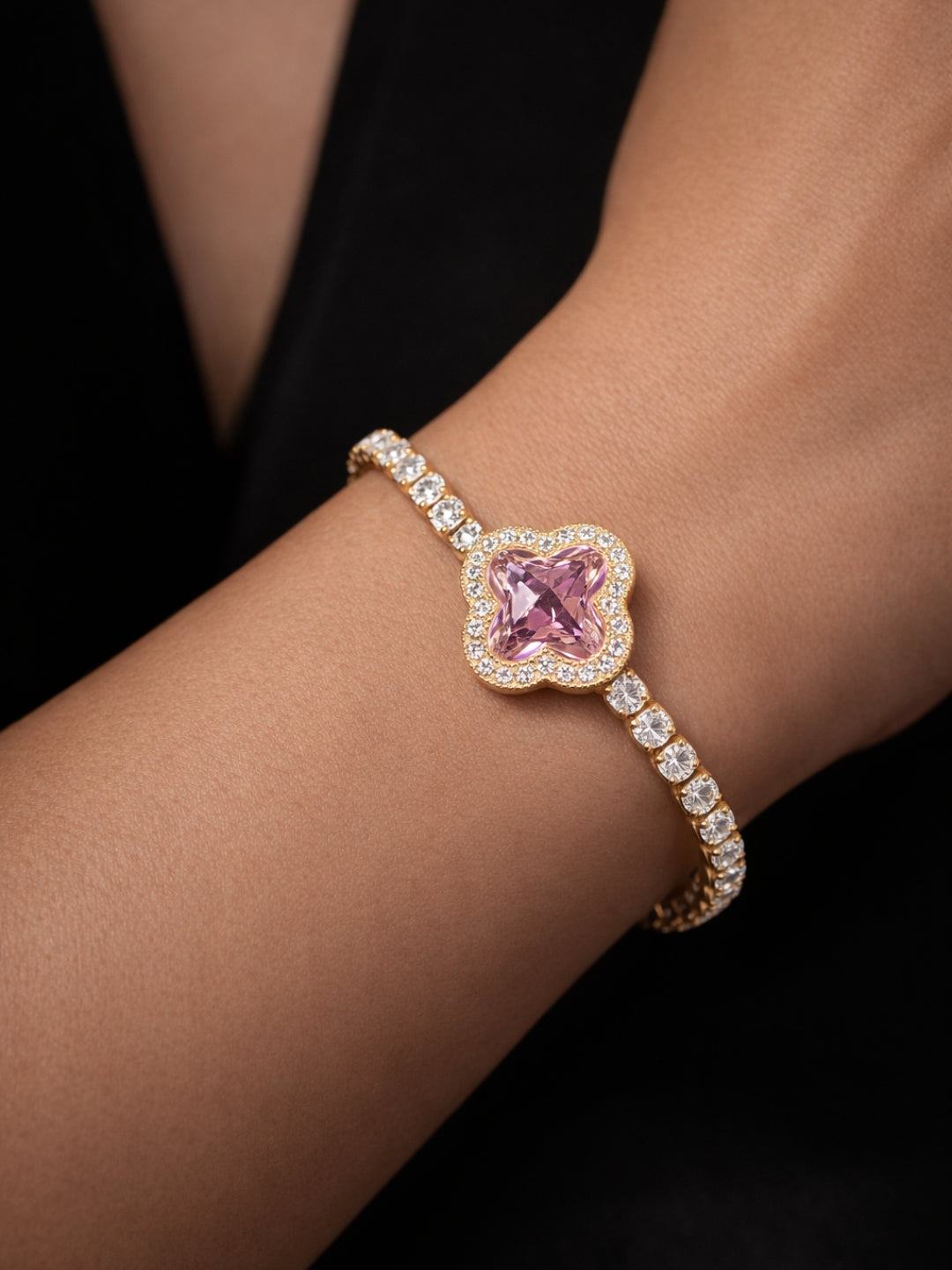 Pink Clover Gold Bracelet | 18K Gold Plated CZ Tennis Bracelet
