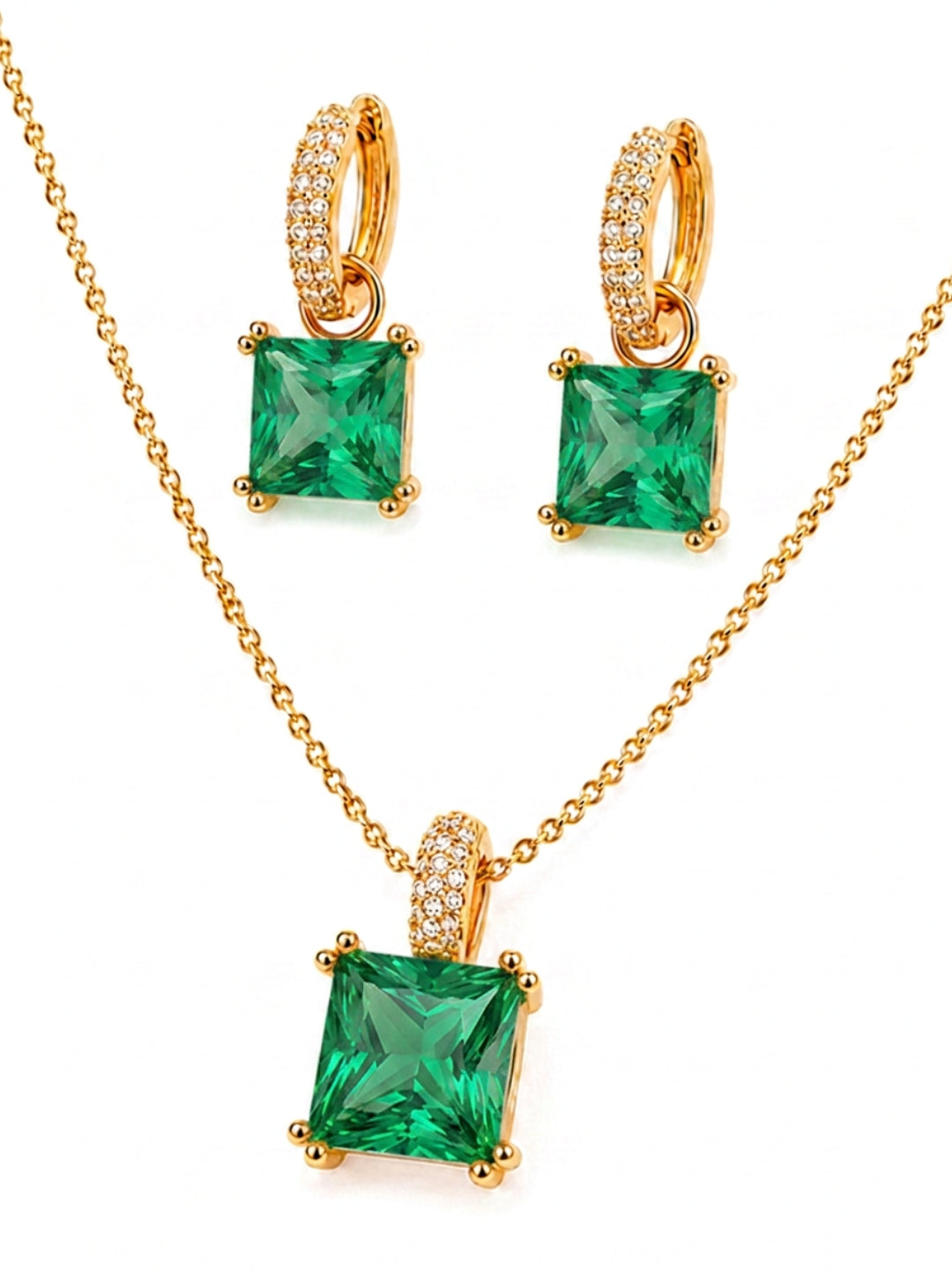 Emerald Square-Cut Pendant Necklace & Huggie Earring Set