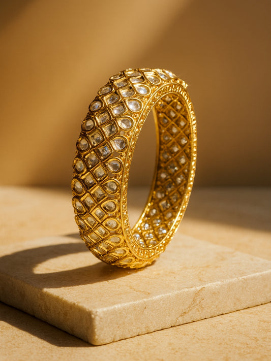 Golden Kundan Moissanite Bangle | Openable Gold Cuff Bracelet
