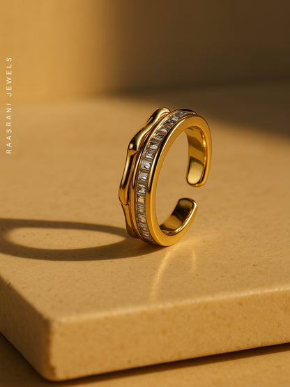 Bamboo Studded Gold Ring – Adjustable 18K Gold Plated CZ Ring