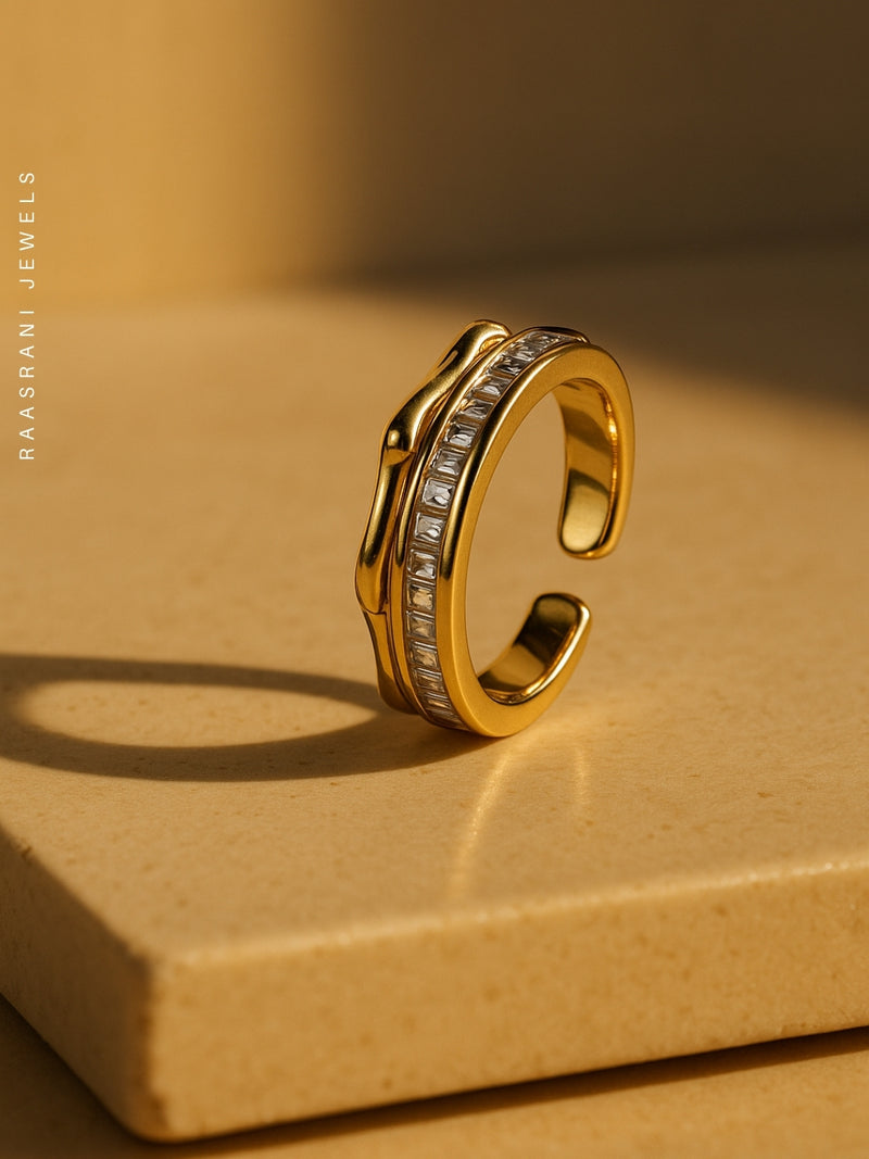 Bamboo Studded Gold Ring – Adjustable 18K Gold Plated CZ Ring