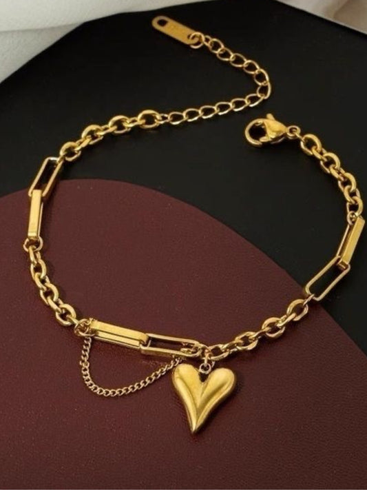 Heart Charm Linked Chain Bracelet – 18K Gold, Adjustable & Anti-Tarnish