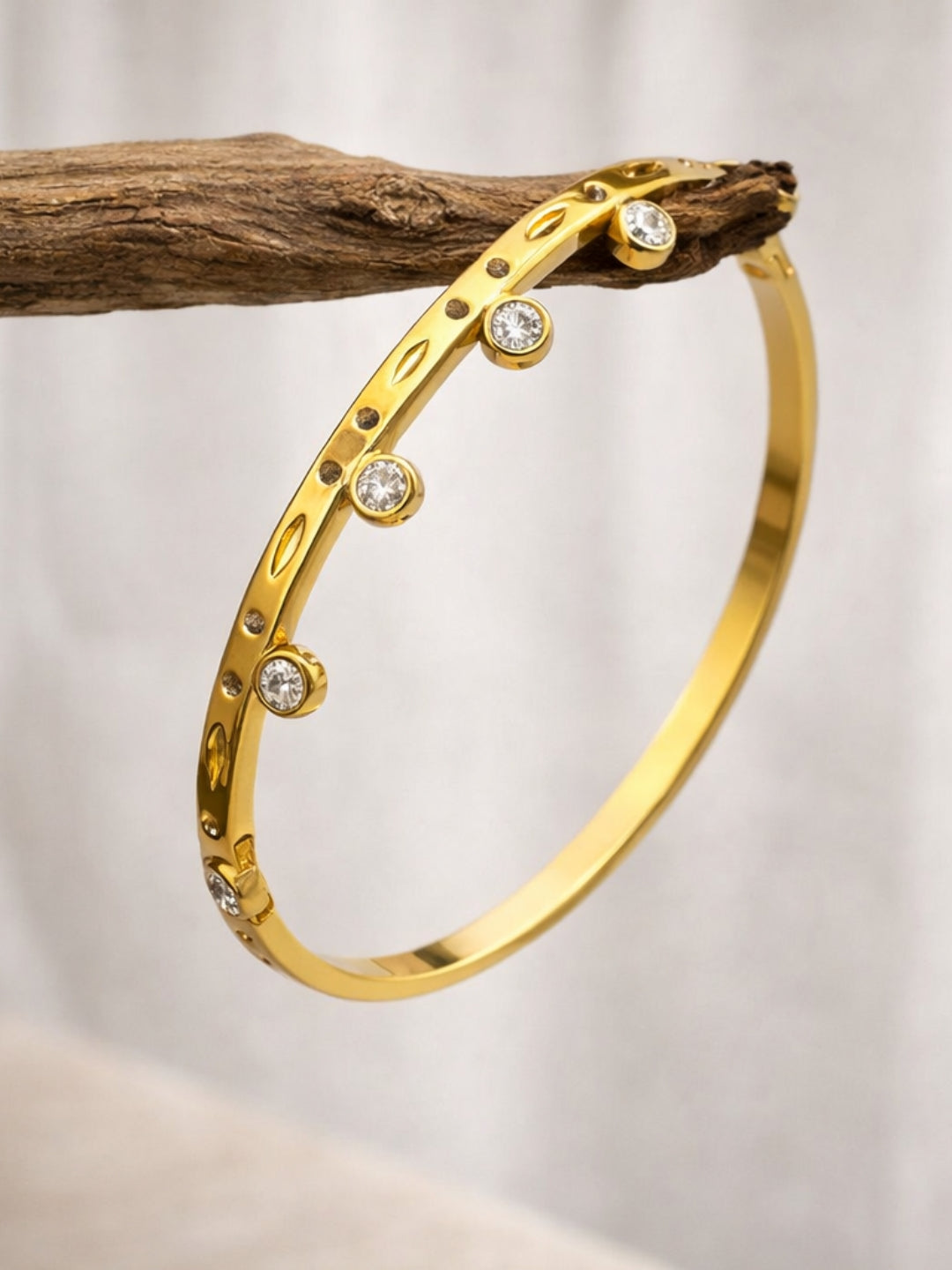Gold Solitaire Studded Bracelet – CZ Open Cuff Bangle