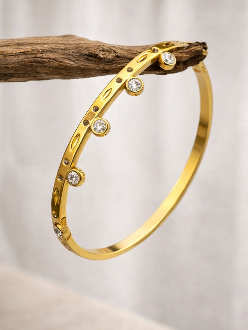 Gold Solitaire Studded Bracelet – CZ Open Cuff Bangle