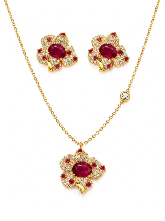 Rubis Ruby Red Floral Necklace & Earrings Set