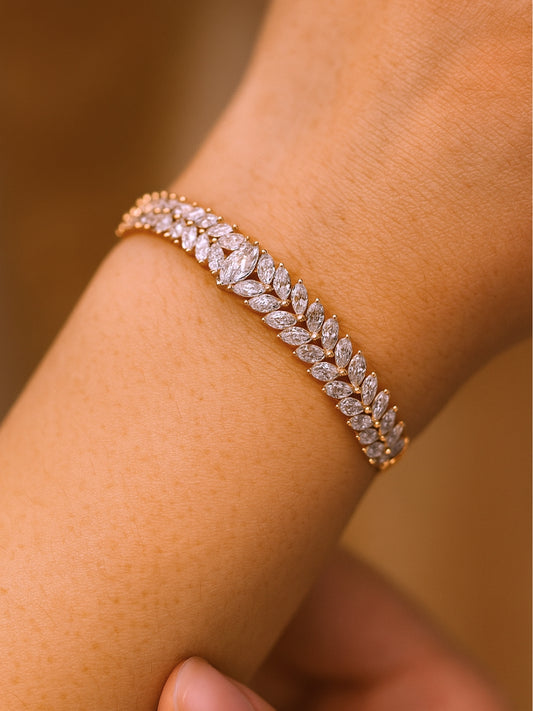 Leaf Marquise Cut Bracelet – RoseGold Plated, 316L Stainless Steel, Fully Studded with AD Stones
