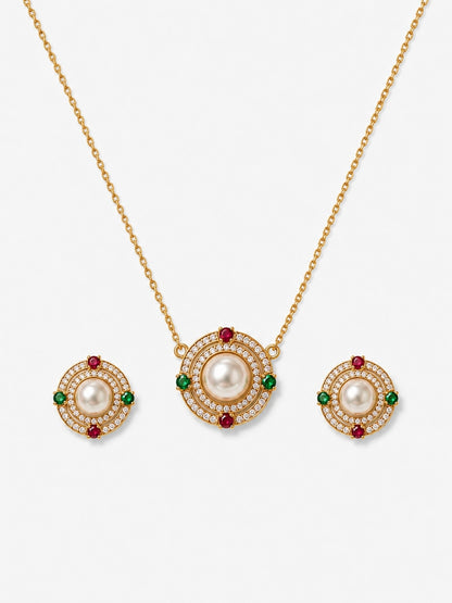 Bizantino Pearl Medallion Necklace & Earring Set, 18K Gold-Plated