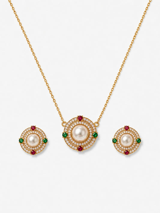 Bizantino Pearl Medallion Necklace & Earring Set, 18K Gold-Plated