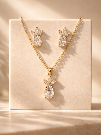 Marquise Leaf Solitaire CZ Jewelry Set – 18K Gold Plated