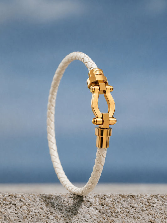 Unisex White Braided Leather Gold Magnetic Bracelet