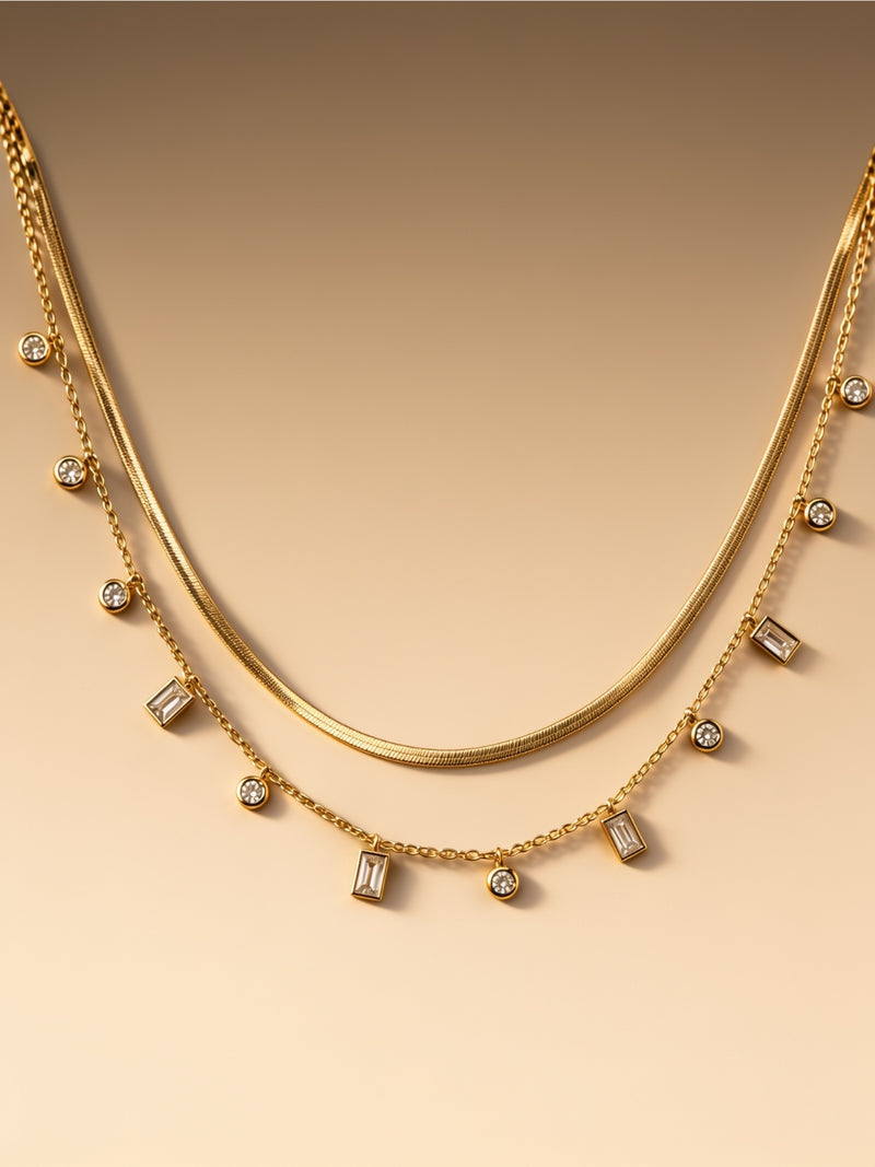 Gold-Plated Layered Necklace Set with Crystal Charms