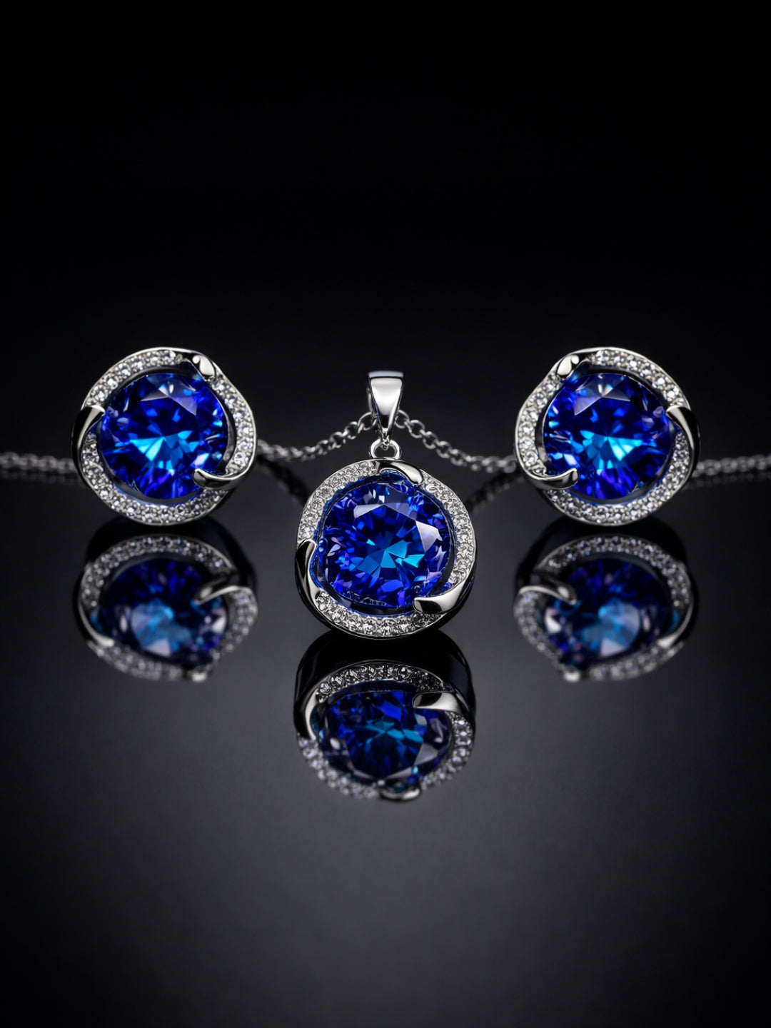 CL Blue CZ Pendant Necklace & Stud Earrings Set | Anti-Tarnish Jewelry