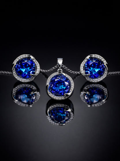 CL Blue CZ Pendant Necklace & Stud Earrings Set | Anti-Tarnish Jewelry