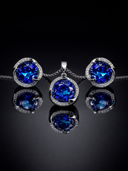 CL Blue CZ Pendant Necklace & Stud Earrings Set | Anti-Tarnish Jewelry