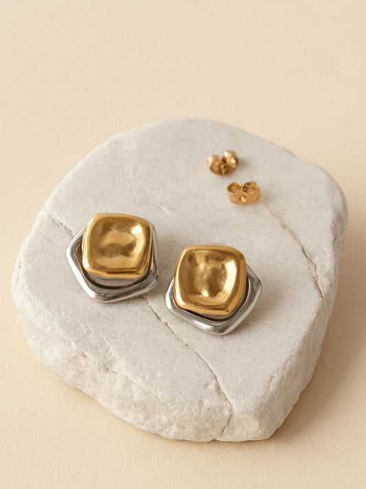 Dual Tone Quad Studs – 14k Gold & Rhodium Anti-Tarnish Earrings