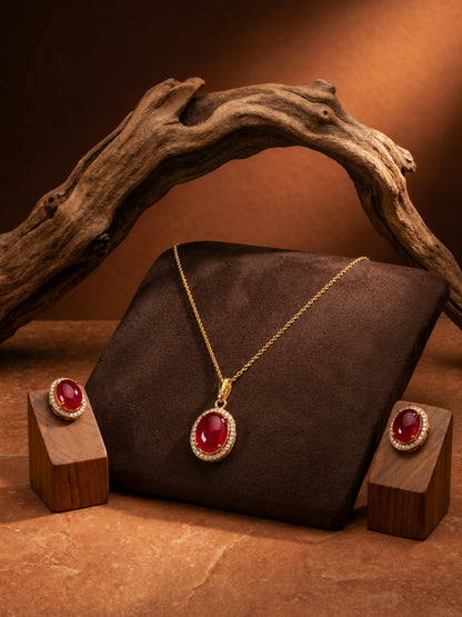 Melograno Red Cabochon Halo Necklace & Earring set 18K Gold-Plated