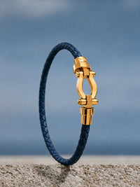 Unisex Navy Braided Leather Gold Magnetic Bracelet