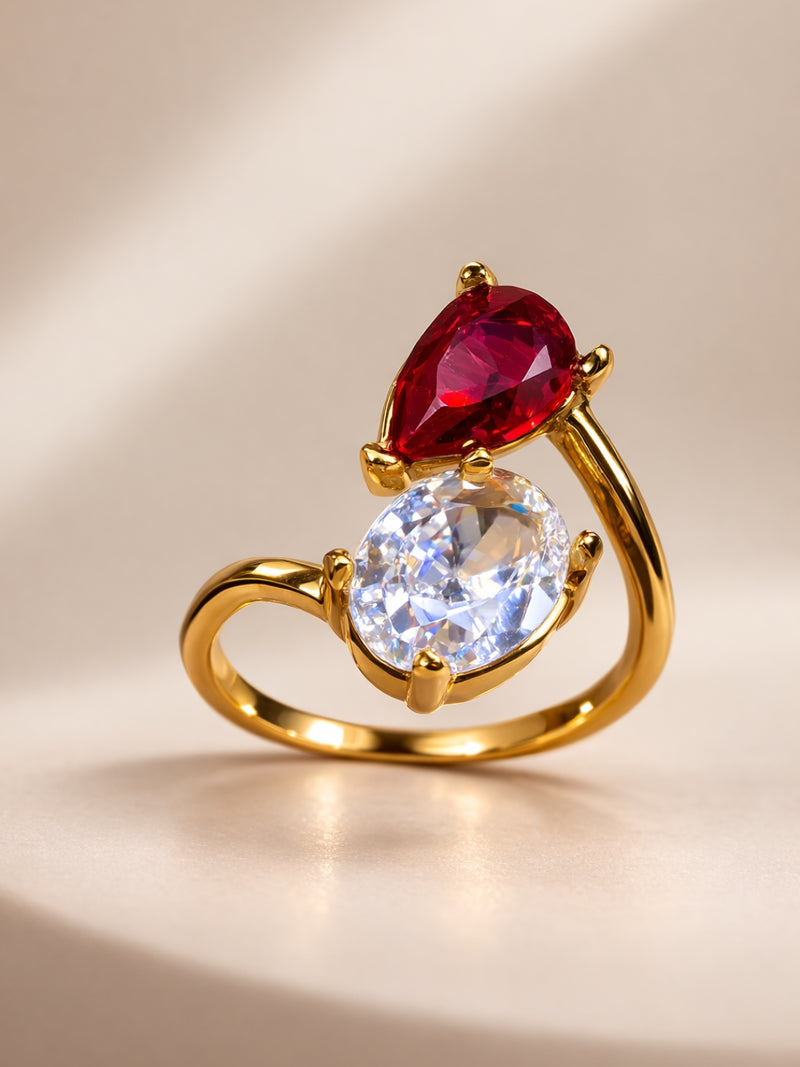 Red Ruby & White CZ Open Adjustable Gold Ring for Women
