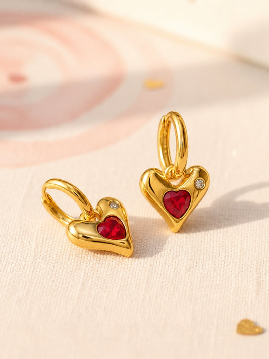 Sculpted Heart Charm Hoop Earrings, 18K Rose Gold-Plated - Red