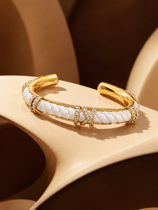 White Braided Roman Numeral Studded Bangle -18KT Gold Plated