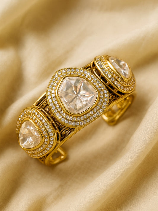 Golden Moissanite Cuff Bracelet | Openable Adjustable Gold Kada Bangle
