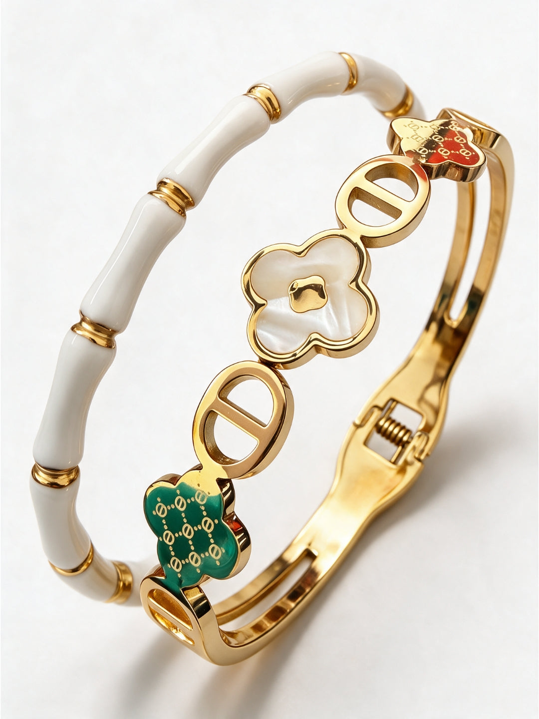 White & Gold Clover Bracelet Stack – Set of 2