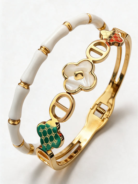 White & Gold Clover Bracelet Stack – Set of 2