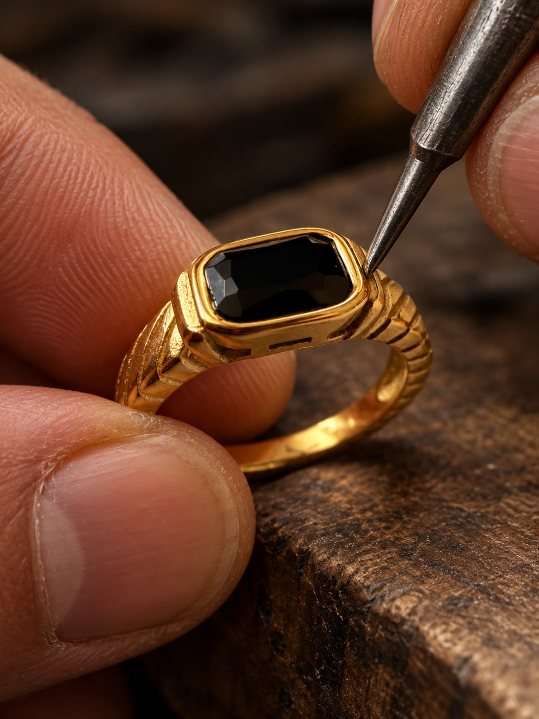 18K Gold Plated Black Onyx Signet Ring | Anti Tarnish Stainless Steel