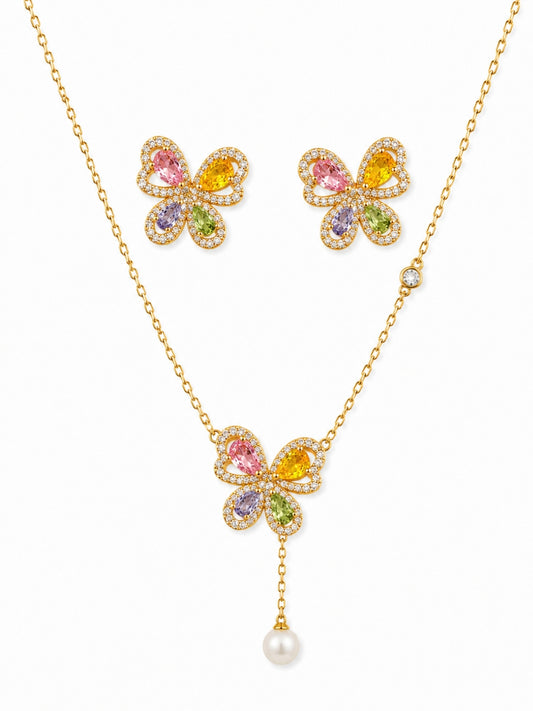 Farfalla Multicolor Pavé Necklace & Earring Set, 18K Gold-Plated