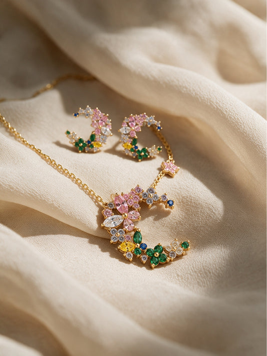 Bosco Multicolor Floral Cluster Necklace & Earring Set, 18K Gold-Plated