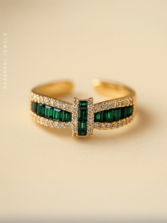 Emerald Bow Ring – 18K Gold Plated Adjustable Baguette CZ Stacking Ring