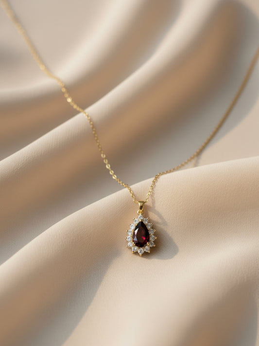 Anti-Tarnish Maroon Moissanite Pendant Necklace | 18K Gold CZ Chain