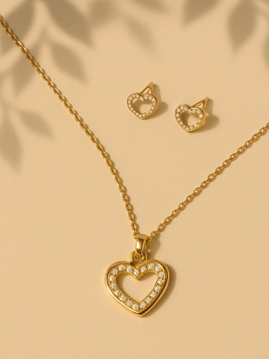 Dainty Heart Studded Jewelry Set – Gold-Plated Necklace & Earrings