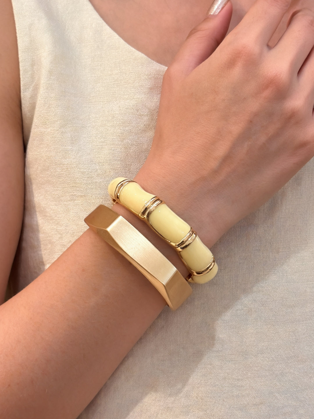 Ivory Bamboo Enamel & Faceted Gold Cuff Bracelet – Stack of 2