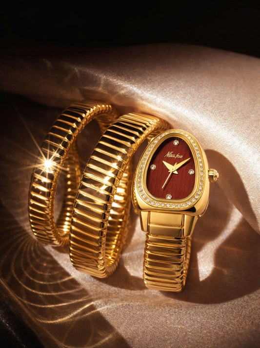 Ruby Dial Spiral Serpenti Gold Watch-Style Bracelet with CZ Stones